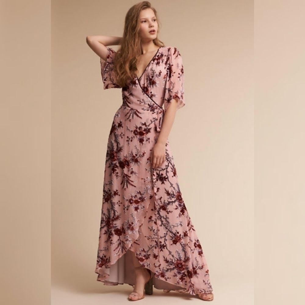 Watters & Watters Burnout Velvet Floral Wrap Maxi Dress Pink Red sz 2 NEW